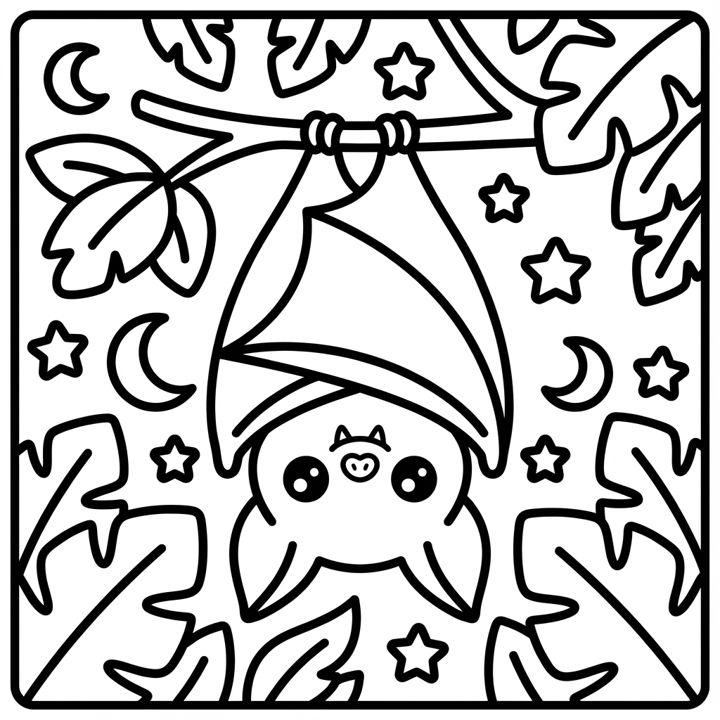 Adorable bat hanging from a branch surrounded by stars, ideal for bold line coloring pages.